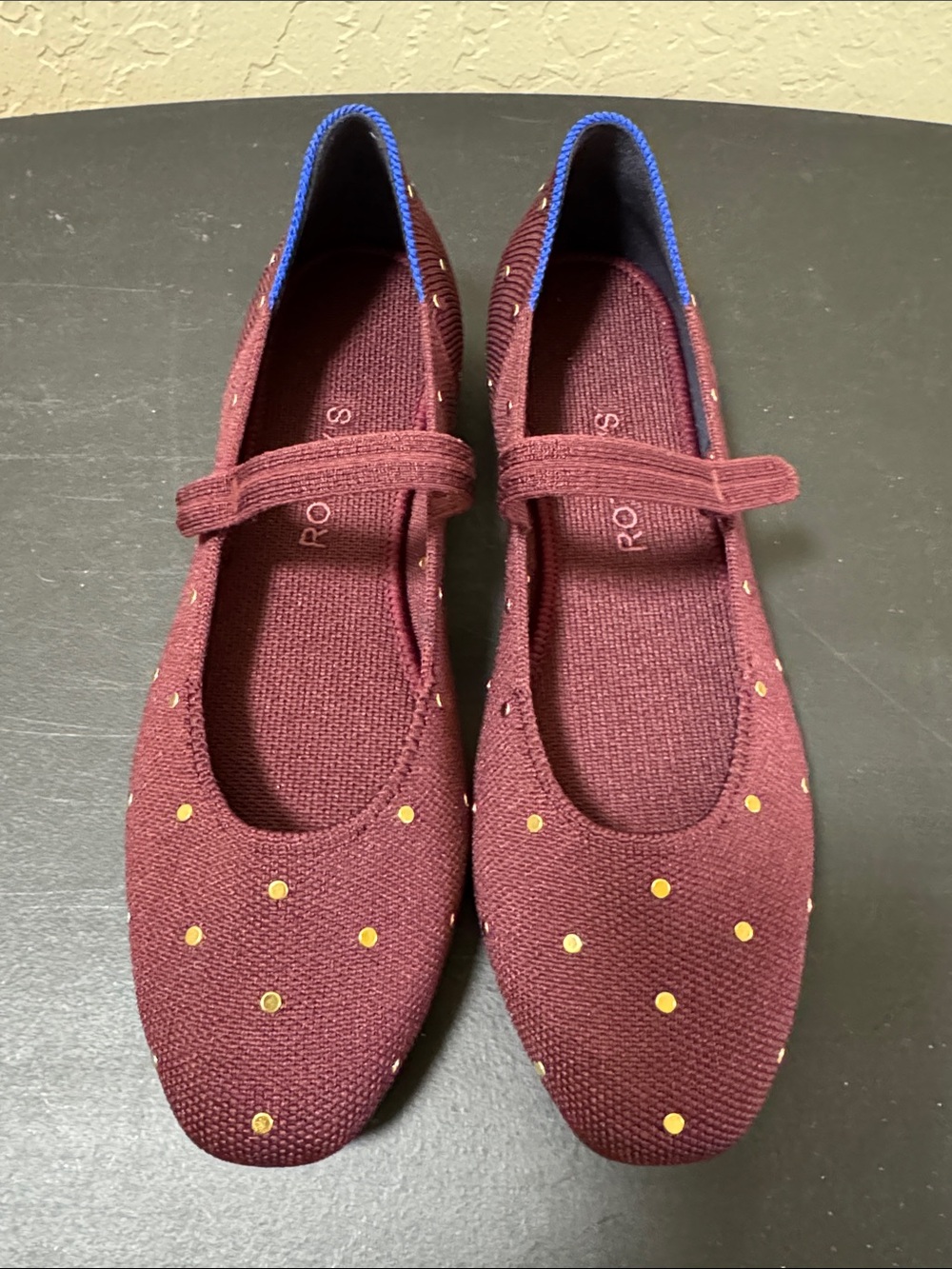 Rothy’s Burgundy Mary Jane Flats with Gold Dot Accents women